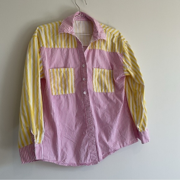 Yellow and Pink Long Sleeve Button Down Shirt Size S.Oversized Cotton LongSleeve - Picture 4 of 7